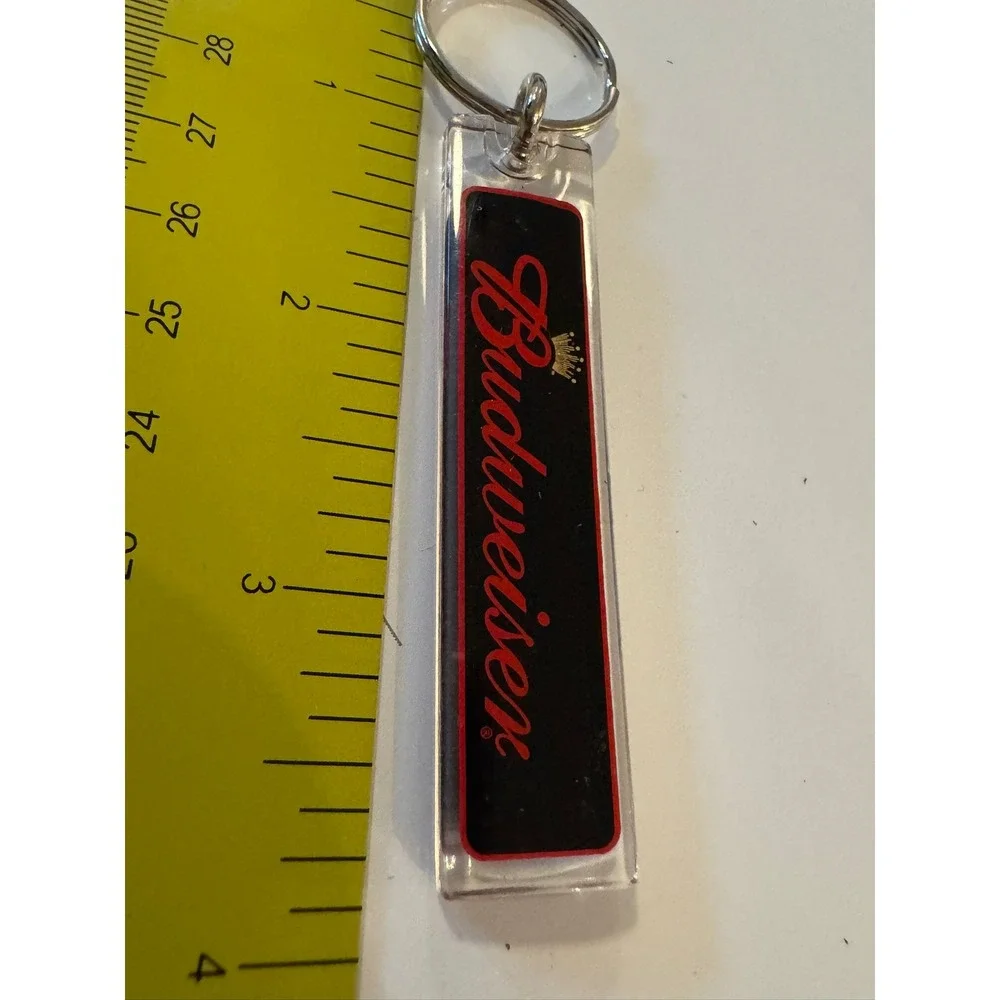 Budweiser Beer Keychain Clear Acrylic Black Red Script Logo Gold Crown Vintage